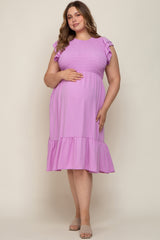 Lavender Smocked Layered Ruffle Flutter Sleeve Maternity Plus Midi Dress