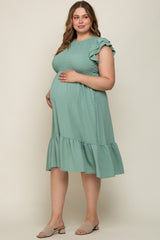 Light Olive Smocked Layered Ruffle Flutter Sleeve Maternity Plus Midi Dress