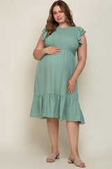 Light Olive Smocked Layered Ruffle Flutter Sleeve Maternity Plus Midi Dress