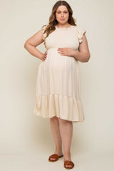 Beige Smocked Layered Ruffle Flutter Sleeve Maternity Plus Midi Dress