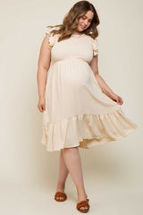 Beige Smocked Layered Ruffle Flutter Sleeve Maternity Plus Midi Dress