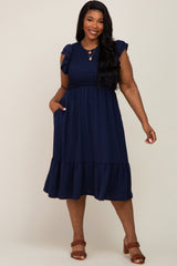 Navy Blue Smocked Layered Ruffle Flutter Sleeve Plus Midi Dress