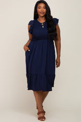 Navy Blue Smocked Layered Ruffle Flutter Sleeve Plus Midi Dress