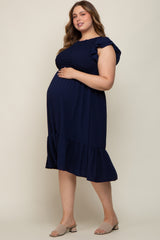 Navy Blue Smocked Layered Ruffle Flutter Sleeve Maternity Plus Midi Dress