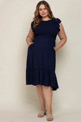 Navy Blue Smocked Layered Ruffle Flutter Sleeve Maternity Plus Midi Dress