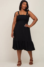 Black Smocked Shoulder Tie Plus Midi Dress