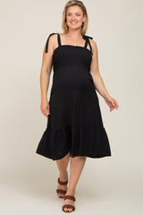 Black Smocked Shoulder Tie Maternity Plus Midi Dress