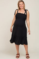 Black Smocked Shoulder Tie Maternity Plus Midi Dress
