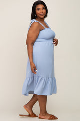 Light Blue Smocked Shoulder Tie Plus Midi Dress