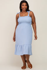 Light Blue Smocked Shoulder Tie Plus Midi Dress