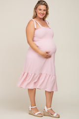 Light Pink Smocked Shoulder Tie Maternity Plus Midi Dress