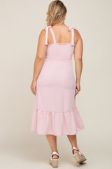 Light Pink Smocked Shoulder Tie Maternity Plus Midi Dress