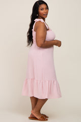 Light Pink Smocked Shoulder Tie Plus Midi Dress