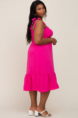 Fuchsia Smocked Shoulder Tie Plus Midi Dress