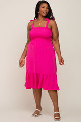 Fuchsia Smocked Shoulder Tie Plus Midi Dress