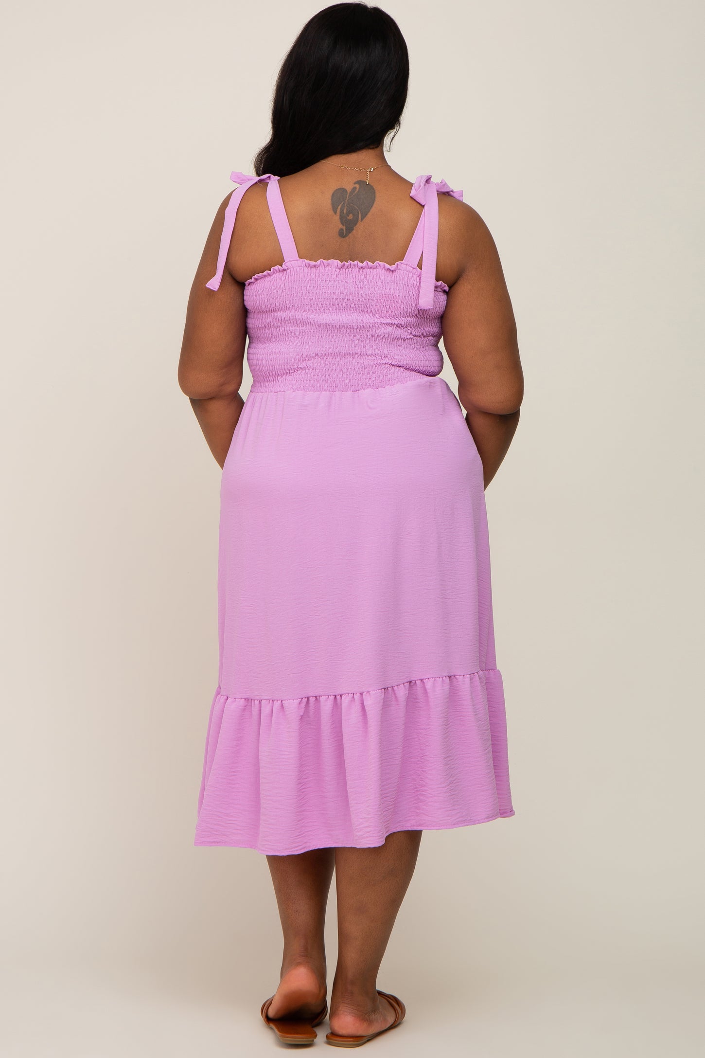 Lavender Smocked Shoulder Tie Plus Midi Dress Pinkblush