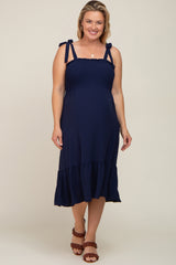 Navy Smocked Shoulder Tie Maternity Plus Midi Dress