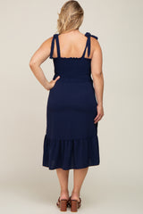 Navy Smocked Shoulder Tie Maternity Plus Midi Dress