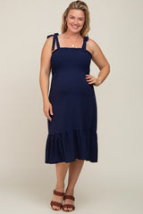 Navy Smocked Shoulder Tie Maternity Plus Midi Dress