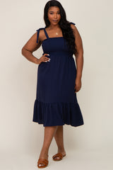 Navy Smocked Shoulder Tie Maternity Plus Midi Dress