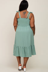 Sage Smocked Shoulder Tie Plus Midi Dress