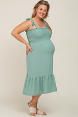 Sage Smocked Shoulder Tie Maternity Plus Midi Dress