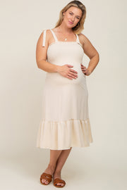 Cream Smocked Shoulder Tie Maternity Plus Midi Dress