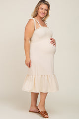 Cream Smocked Shoulder Tie Maternity Plus Midi Dress