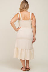 Cream Smocked Shoulder Tie Maternity Plus Midi Dress