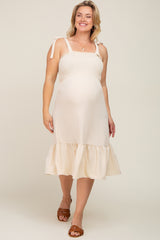 Cream Smocked Shoulder Tie Maternity Plus Midi Dress