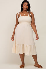 Cream Smocked Shoulder Tie Plus Midi Dress