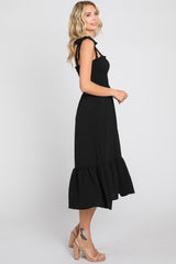 Black Smocked Shoulder Tie Midi Dress