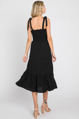 Black Smocked Shoulder Tie Midi Dress