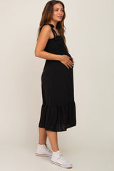 Black Smocked Shoulder Tie Maternity Midi Dress