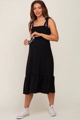 Black Smocked Shoulder Tie Maternity Midi Dress