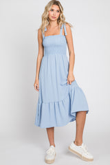 Light Blue Smocked Shoulder Tie Midi Dress