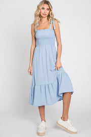 Light Blue Smocked Shoulder Tie Midi Dress