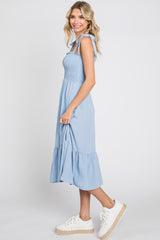 Light Blue Smocked Shoulder Tie Midi Dress