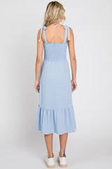 Light Blue Smocked Shoulder Tie Midi Dress