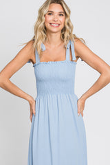 Light Blue Smocked Shoulder Tie Midi Dress