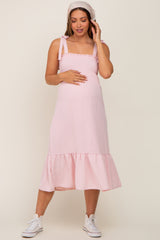 Light Pink Smocked Shoulder Tie Maternity Midi Dress