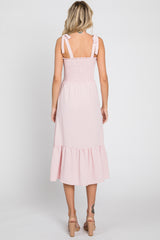 Light Pink Smocked Shoulder Tie Midi Dress