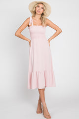 Light Pink Smocked Shoulder Tie Midi Dress