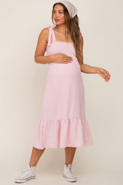 Light Pink Smocked Shoulder Tie Maternity Midi Dress