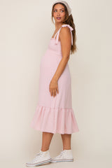 Light Pink Smocked Shoulder Tie Maternity Midi Dress