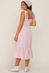 Light Pink Smocked Shoulder Tie Maternity Midi Dress