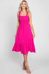 Fuchsia Smocked Shoulder Tie Maternity Midi Dress