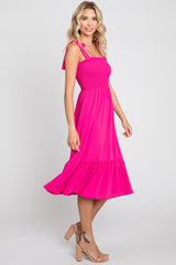 Fuchsia Smocked Shoulder Tie Midi Dress