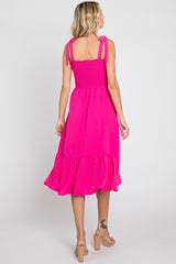 Fuchsia Smocked Shoulder Tie Midi Dress