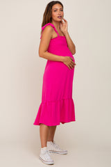 Fuchsia Smocked Shoulder Tie Maternity Midi Dress